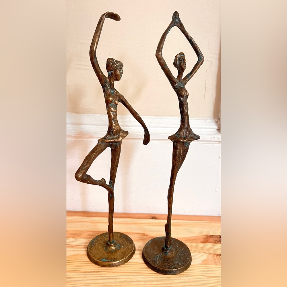 Vintage Patinated Bronze Ballerina Statues - A Pair of 12.5” Dancer Sculptures